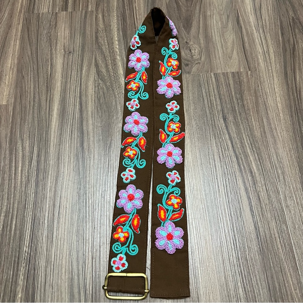 Peruvian Belt Handmade Embroidered Belt, artistic, floral pattern brown